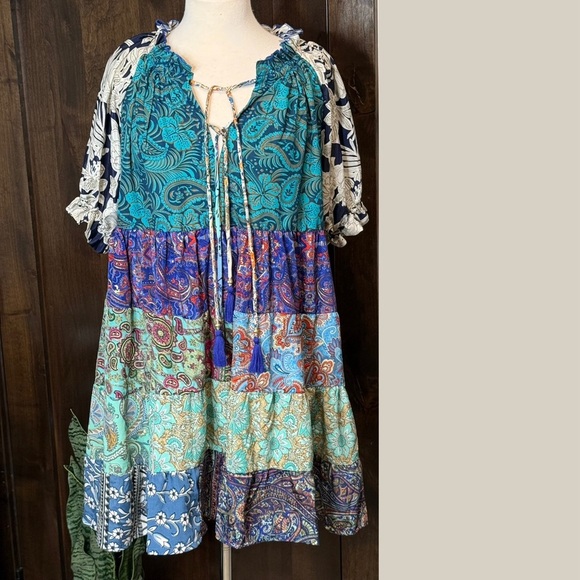 Colorful Women’s Silk Dress Made in India midi length tassel tie detail Size M-L - Picture 1 of 9